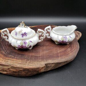 VTG Porcelain Violet Sugar & Creamer Set Gold Trim Unmarked Floral Cottagecore